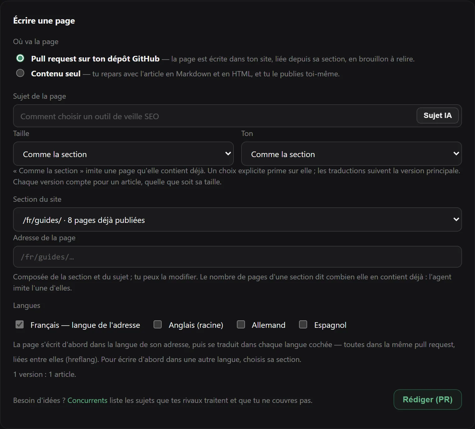 Formulaire de rédaction : destination, sujet, taille, ton, section du site, adresse et langues